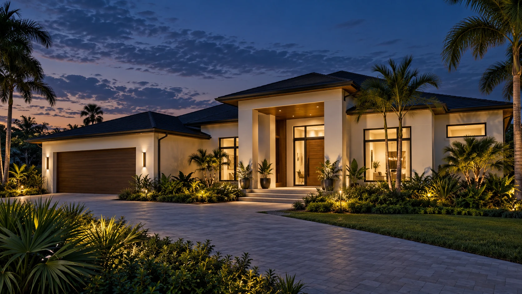 Illustrative single story Southwest Florida home with white stucco, a dark hip roof and warm evening light.