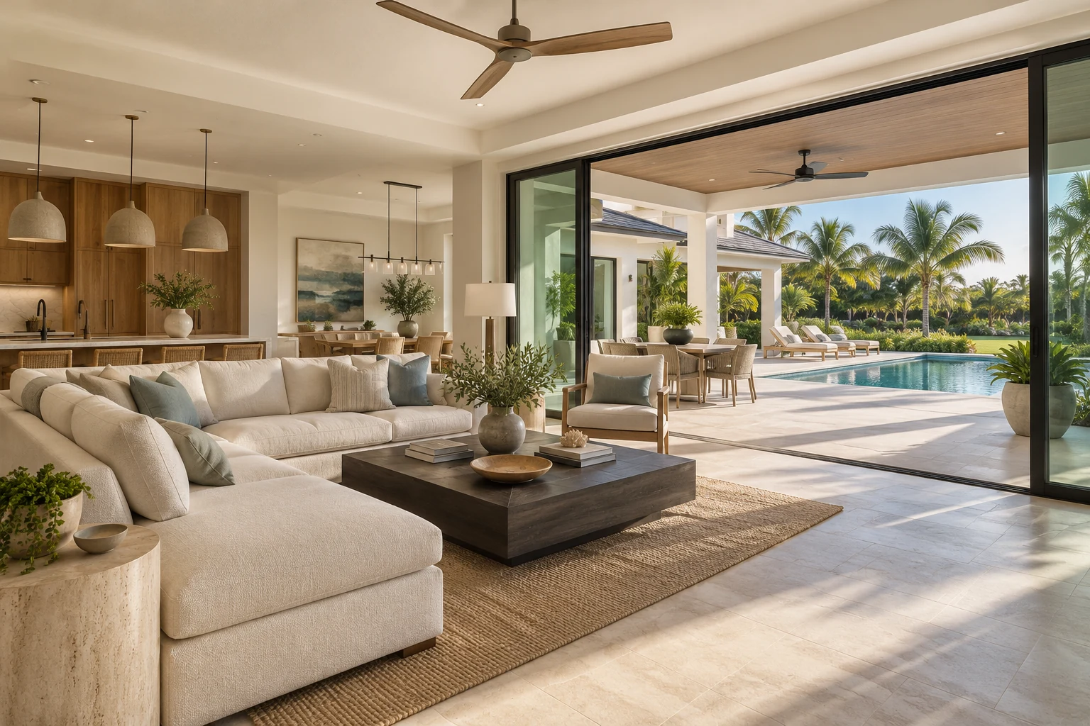 Illustrative interior concept of an open great room with warm timber cabinetry and sliding doors to a covered lanai and pool.