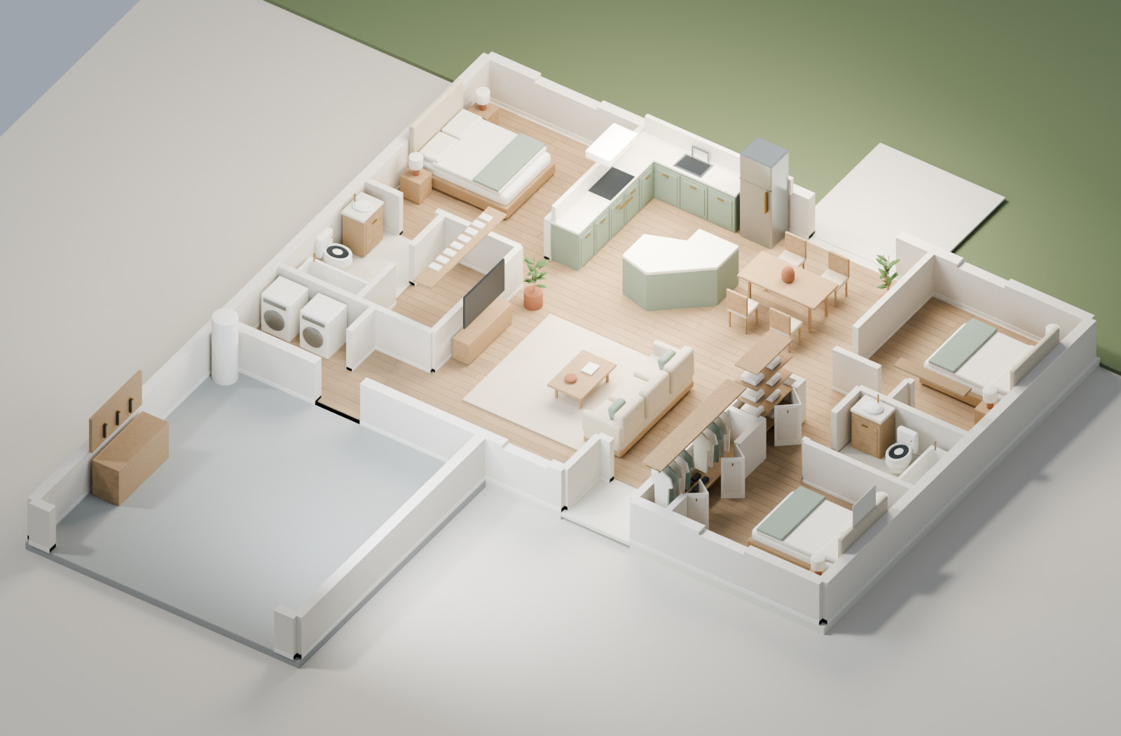 Illustrative furnished cutaway of a three bedroom example home.